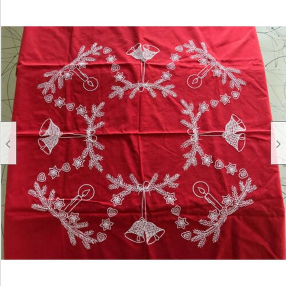 Red Cotton Tablecloth Festive Christmas Holiday Embroidered Design 35" Square - Picture 1 of 5